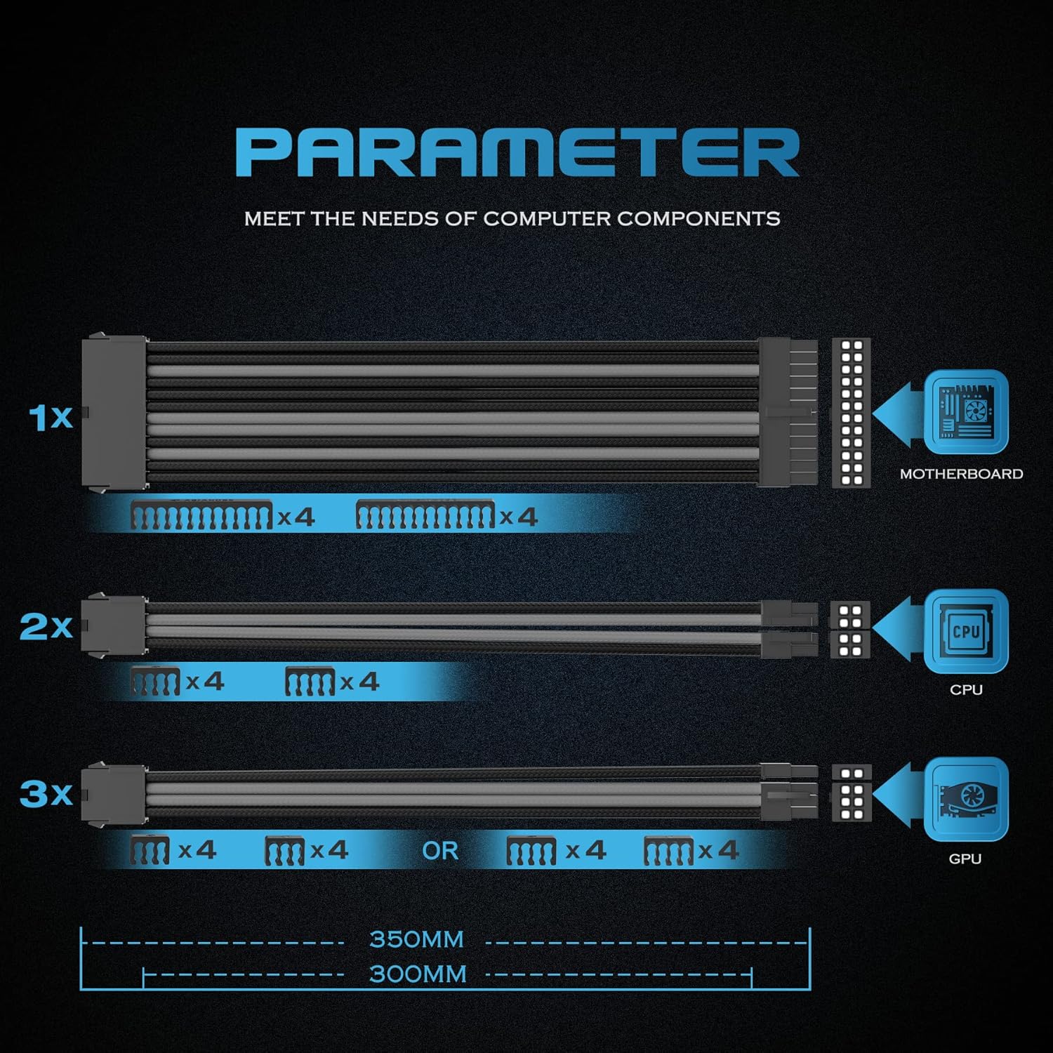 Asiahorse Black Grey Sleeved PSU Extension Cable Kit 16AWG Cotton Custom PC Mod Kit 6 Kit
