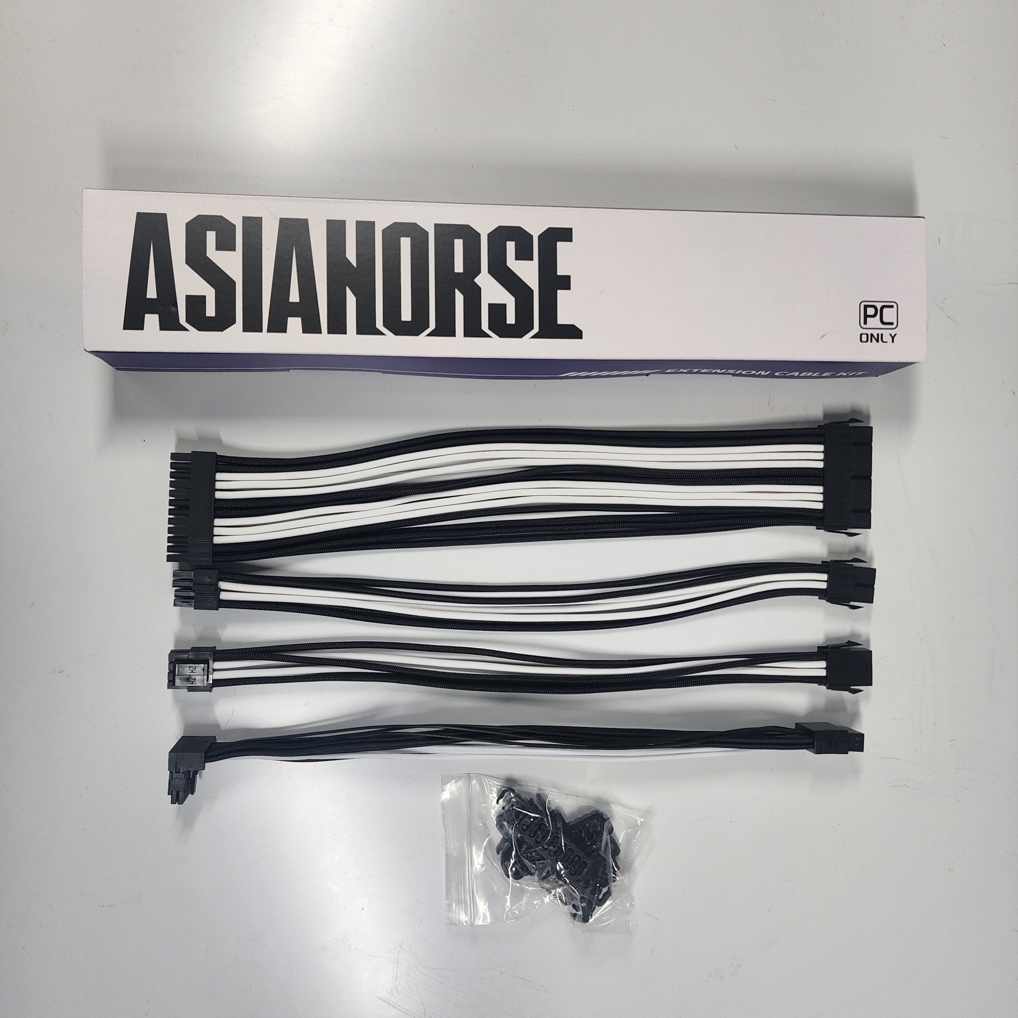 Asiahorse Black White PCIe 5.0 12VHPWR 90 Degree Sleeved PSU Extension Cable Kit 16AWG Cotton Custom Mod Kit - Geek Tech
