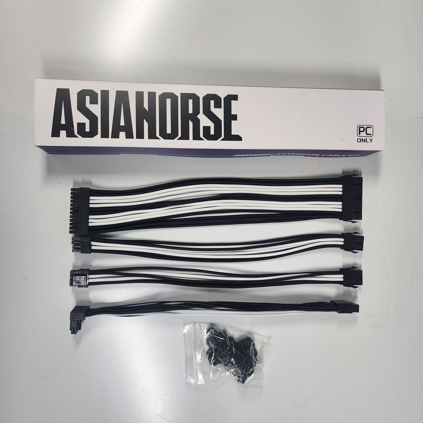 Asiahorse Black White PCIe 5.0 12VHPWR 90 Degree Sleeved PSU Extension Cable Kit 16AWG Cotton Custom Mod Kit - Geek Tech