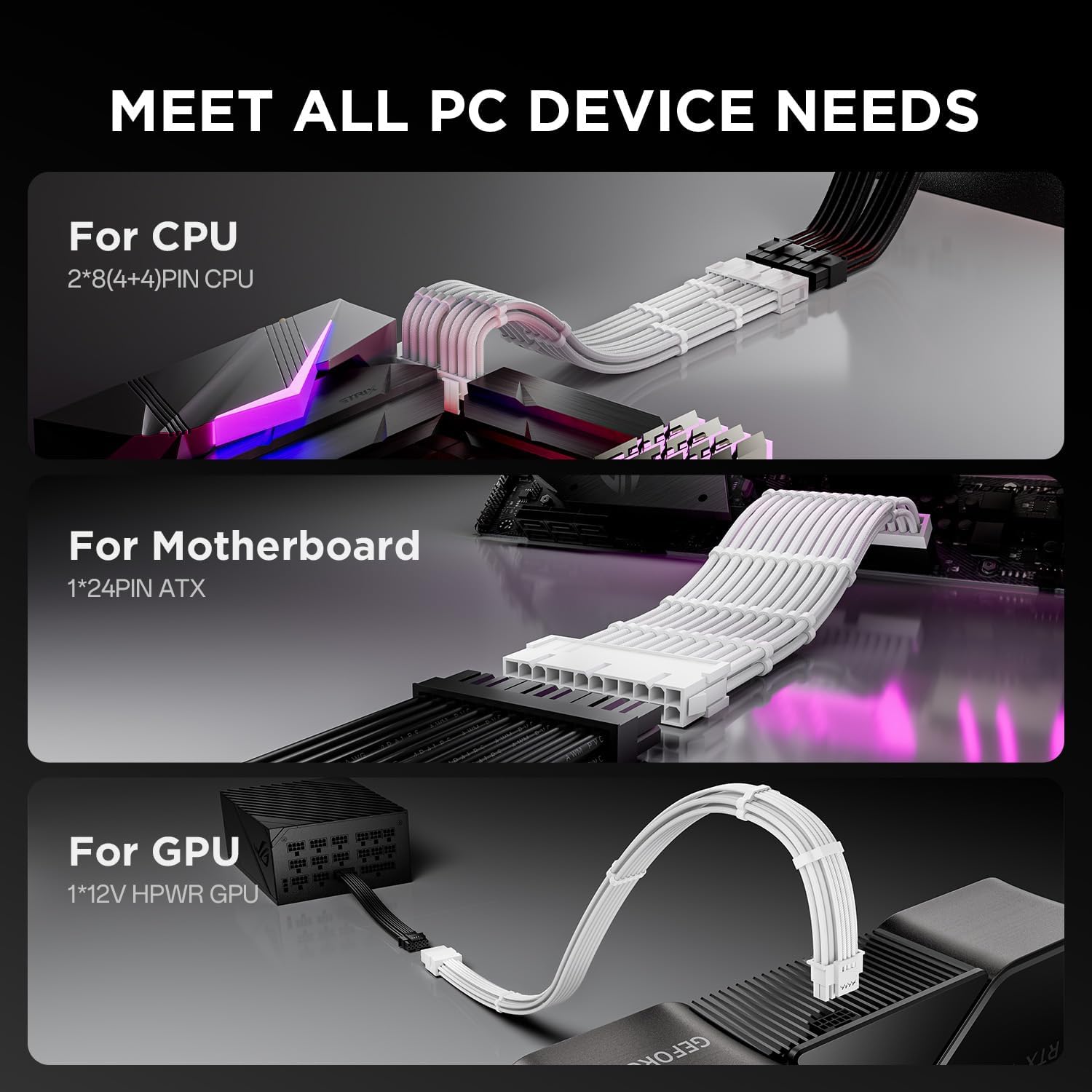 Asiahorse Black White PCIe 5.0 12VHPWR Sleeved PSU Extension Cable Kit 16AWG Cotton Custom Mod Kit 4 Kit 1 End - Geek Tech