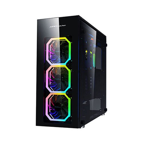 Apevia Aura-P-BK Mid Tower Gaming Case with 2 x Full-Size Tempered Glass Panel, Top USB3.0/USB2.0/Audio Ports, 4 x RGB Fans, Black Frame - Geek Tech