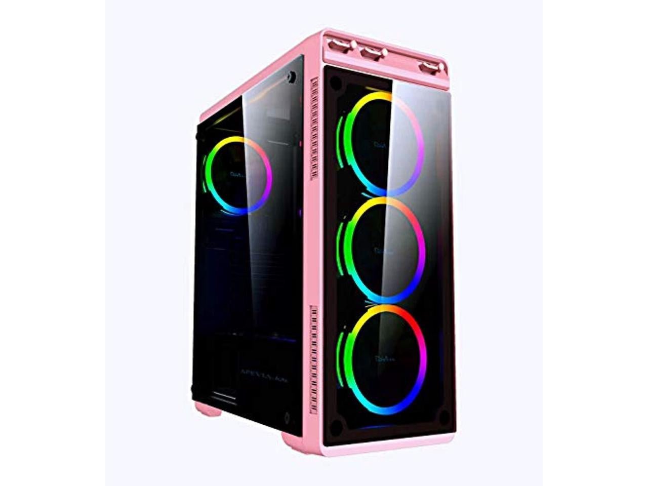 Apevia Aura-S-PK Mid Tower Gaming Case with 2 x Full-Size Tempered Glass Panel, Top USB3.0/USB2.0/Audio Ports, 4 x RGB Fans, Pink Frame - Geek Tech