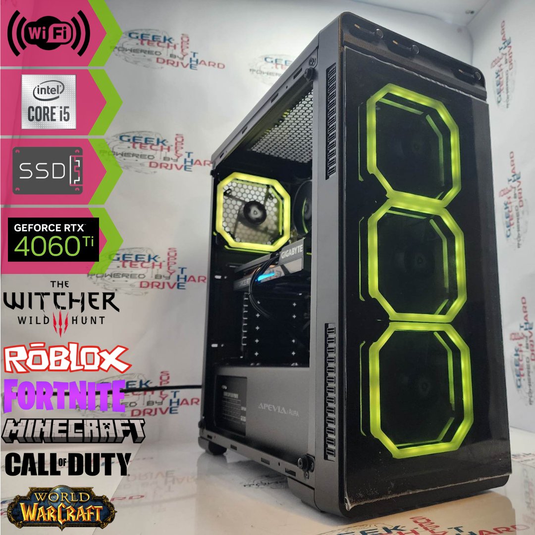 Gaming Desktop PC Computer Intel i5 NVIDIA GeForce RTX 4060 Ti 2TB SSD 32GB DDR5 Wifi Aura-P Black H610 - Geek Tech