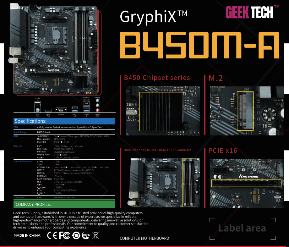 (AMD) GeekTech GryphiX B450M - A AMD AM4 Socket Motherboard AM4+ M - ATX Micro ATX DDR4 - Geek Tech