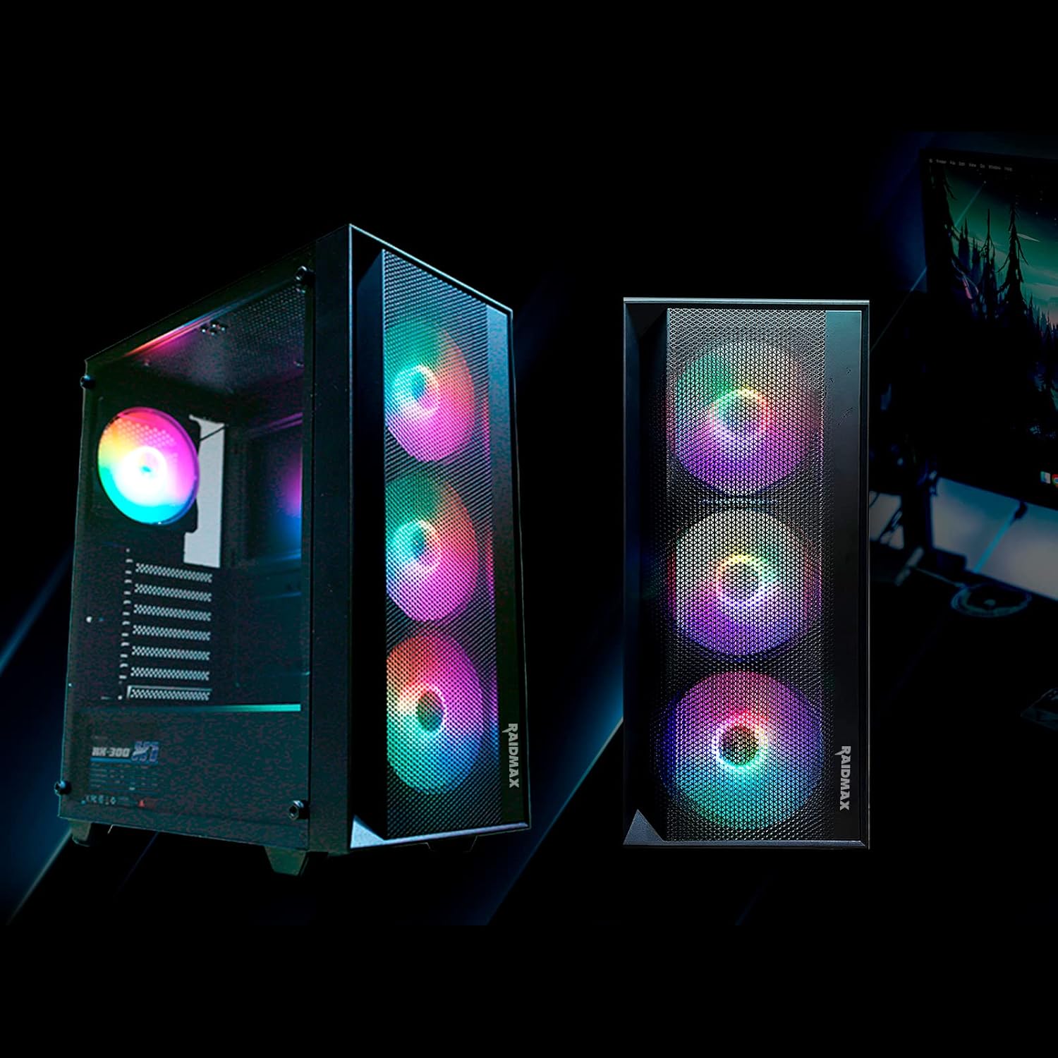 RAIDMAX V100 Gaming Case with 4 Pre - Installed Rainbow Fans, ATX Mid Tower Case, Gaming PC Black (V100TBS) - Geek Tech