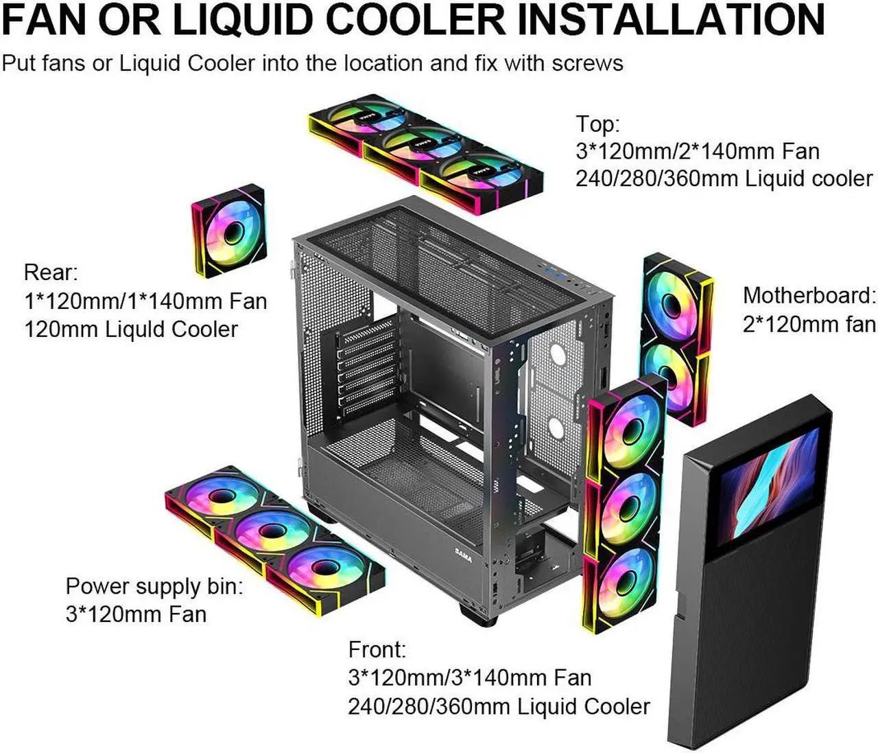 SAMA V - Play Black Gaming Mid Tower Computer Case w/ 8in LCD Display - Geek Tech