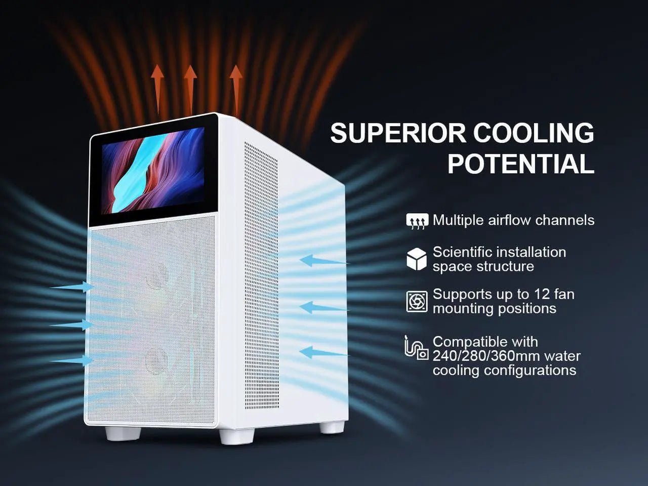 SAMA V - Play White Gaming Mid Tower Computer Case w/ 8in LCD Display - Geek Tech