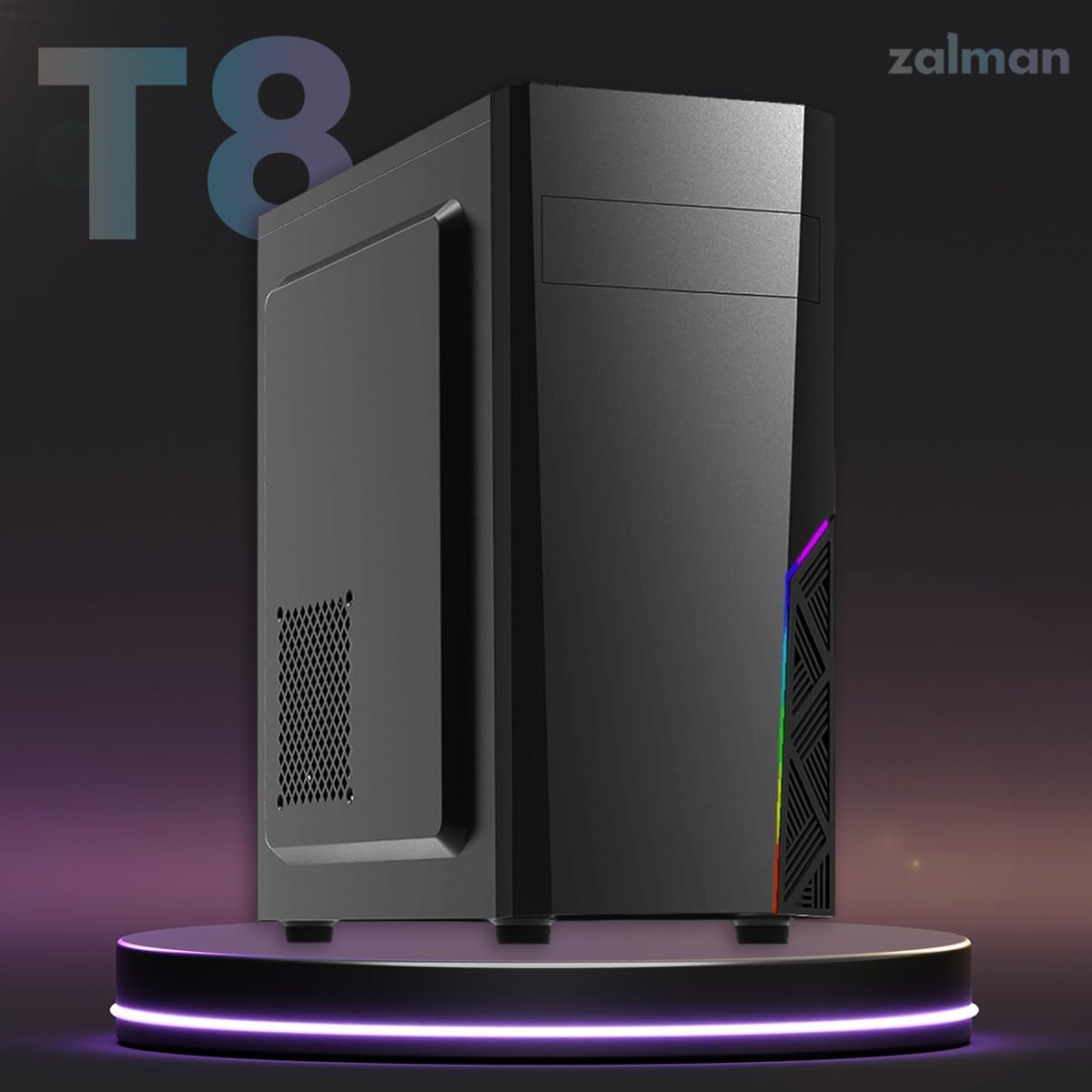 Zalman T8 Gaming PC Case - Spectrum RGB Lighting Strip - Support 5.25” odd Drive - ATX, mATX, Mini - ITX, 120mm Rear Fan preinstalled - USB 3.0, Black - Geek Tech