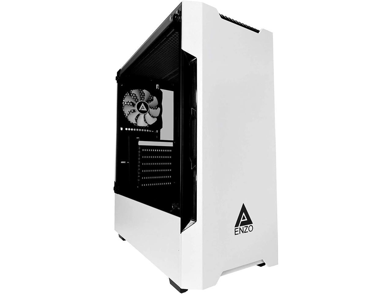 Apevia ENZO-WH Mid Tower Gaming Case with 1 x Tempered Glass Panel, Top USB3.0/USB2.0/Audio Ports, 1 x Black/White Fan, White Frame