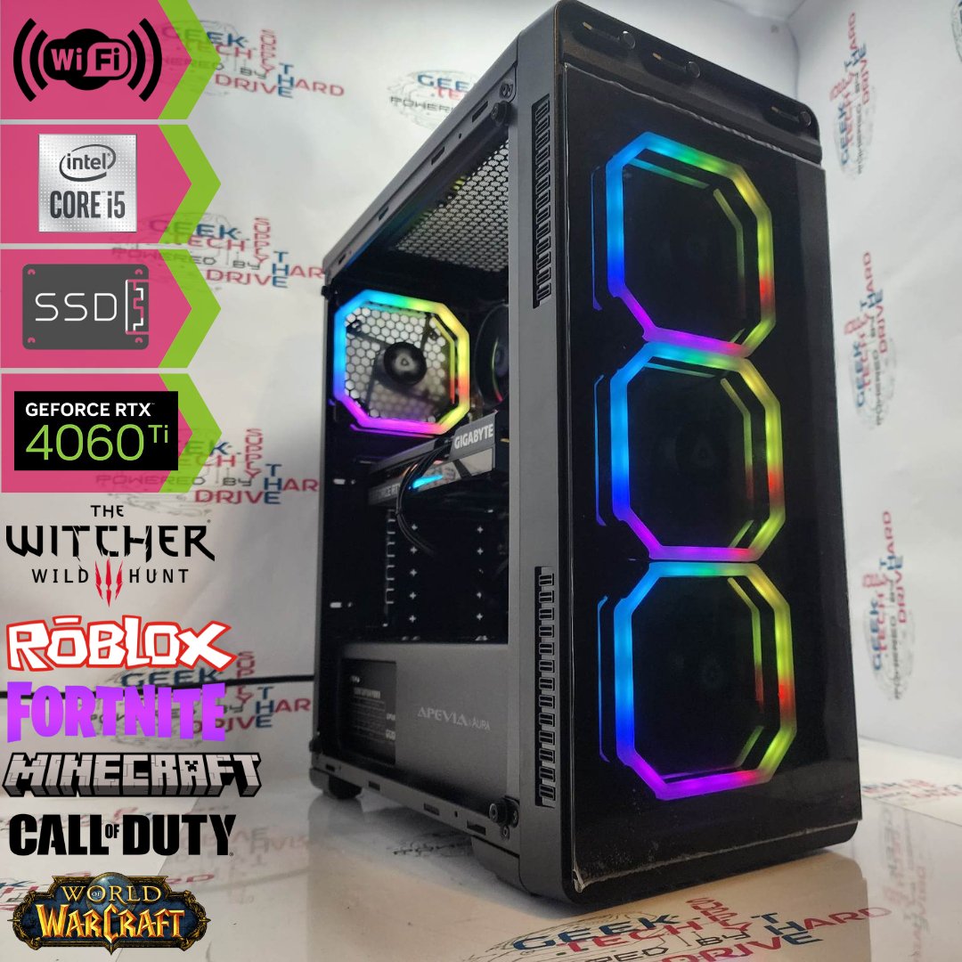 Gaming Desktop PC Computer Intel i5 NVIDIA GeForce RTX 4060 Ti 1TB SSD 16GB DDR5 Wifi Aura-P Black H610 - Geek Tech