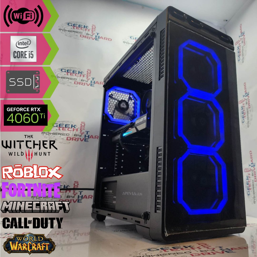 Gaming Desktop PC Computer Intel i5 NVIDIA GeForce RTX 4060 Ti 1TB SSD 16GB DDR5 Wifi Aura-P Black H610 - Geek Tech