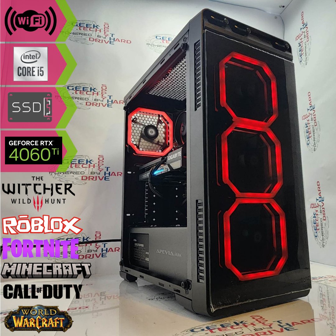 Gaming Desktop PC Computer Intel i5 NVIDIA GeForce RTX 4060 Ti 1TB SSD 32GB DDR5 Wifi Aura-P Black H610 - Geek Tech