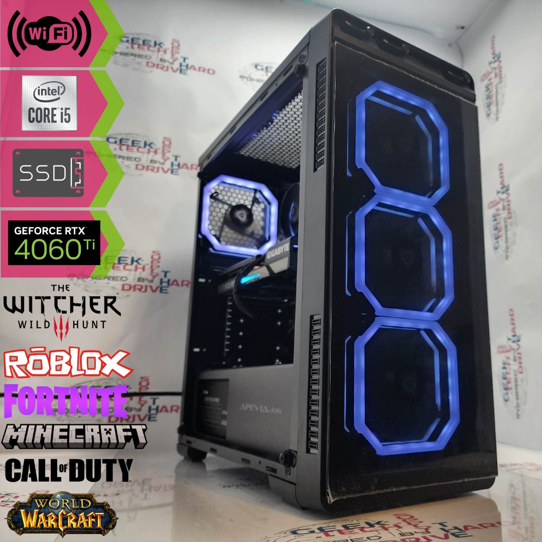 Gaming Desktop PC Computer Intel i5 NVIDIA GeForce RTX 4060 Ti 256GB SSD 1TB HDD 8GB DDR5 Wifi Aura-P Black H610 - Geek Tech