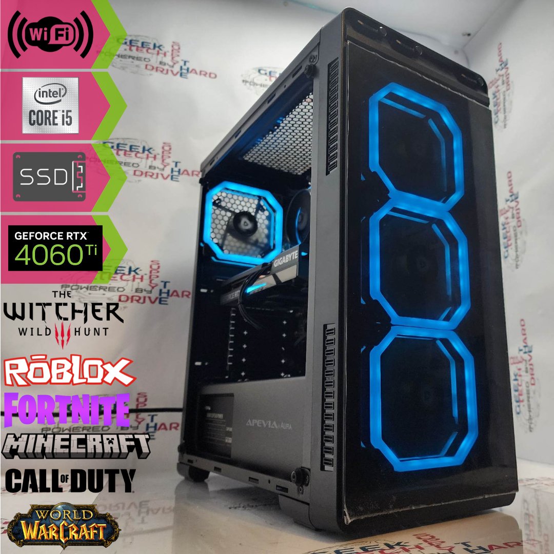 Gaming Desktop PC Computer Intel i5 NVIDIA GeForce RTX 4060 Ti 2TB SSD 16GB DDR5 Wifi Aura-P Black H610 - Geek Tech