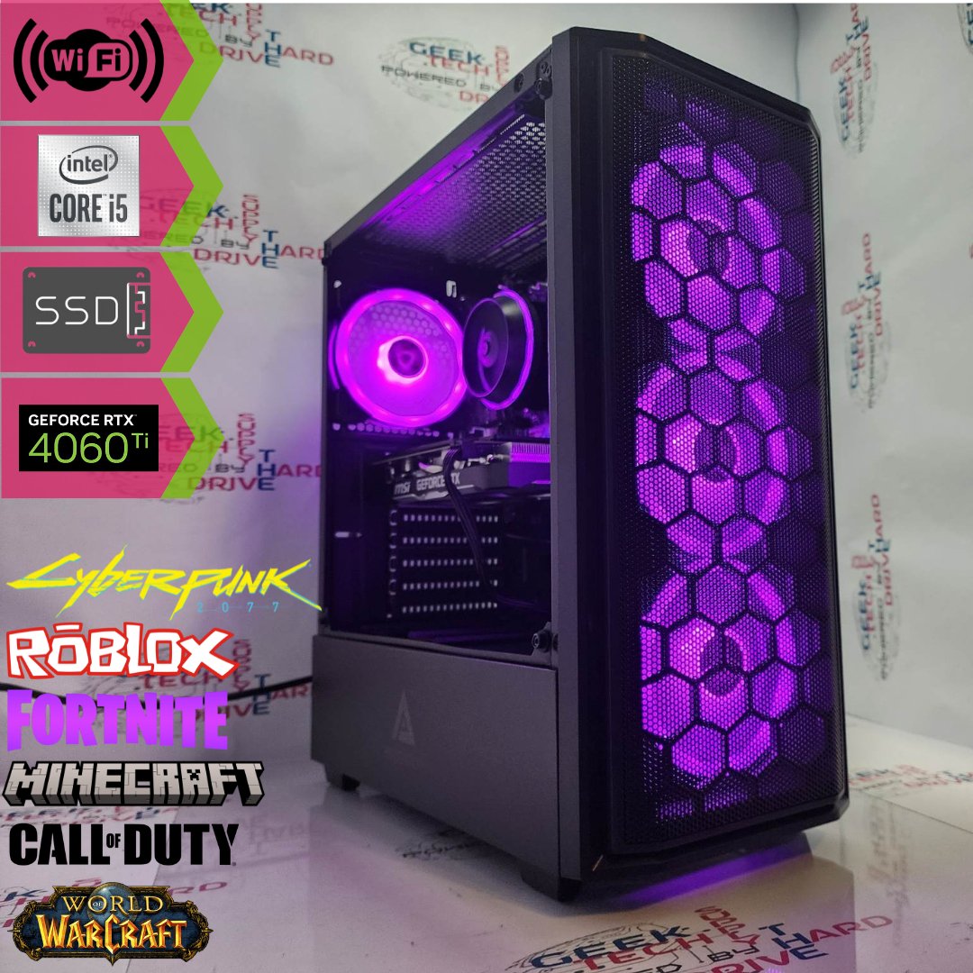 Gaming Desktop PC Computer Intel i5 NVIDIA RTX 4060 Ti 1TB SSD 16GB Wifi Predator Black H610 - Geek Tech