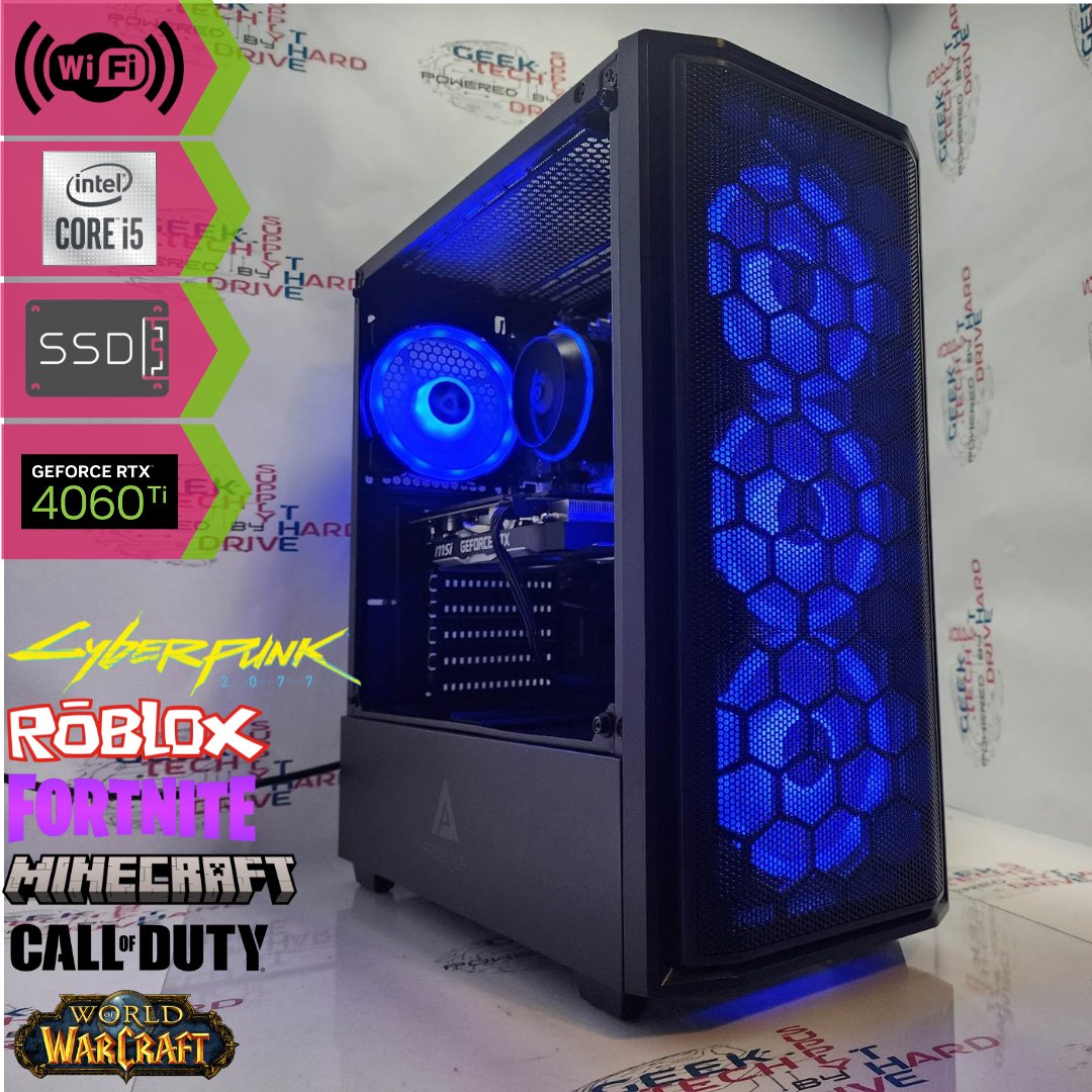 Gaming Desktop PC Computer Intel i5 NVIDIA RTX 4060 Ti 1TB SSD 16GB Wifi Predator Black H610 - Geek Tech