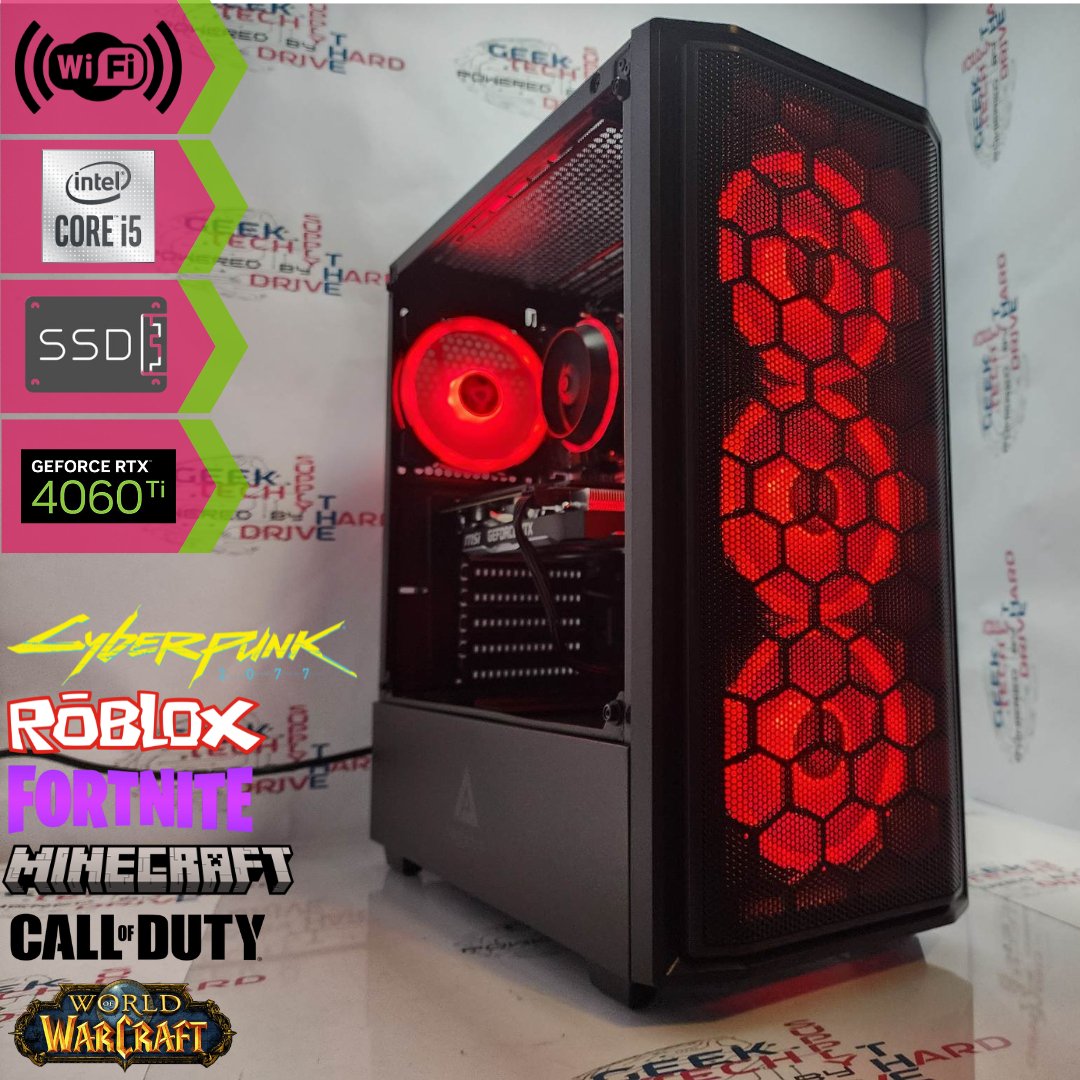 Gaming Desktop PC Computer Intel i5 NVIDIA RTX 4060 Ti 1TB SSD 2TB HDD 16GB DDR5 Wifi Predator Black H610 - Geek Tech