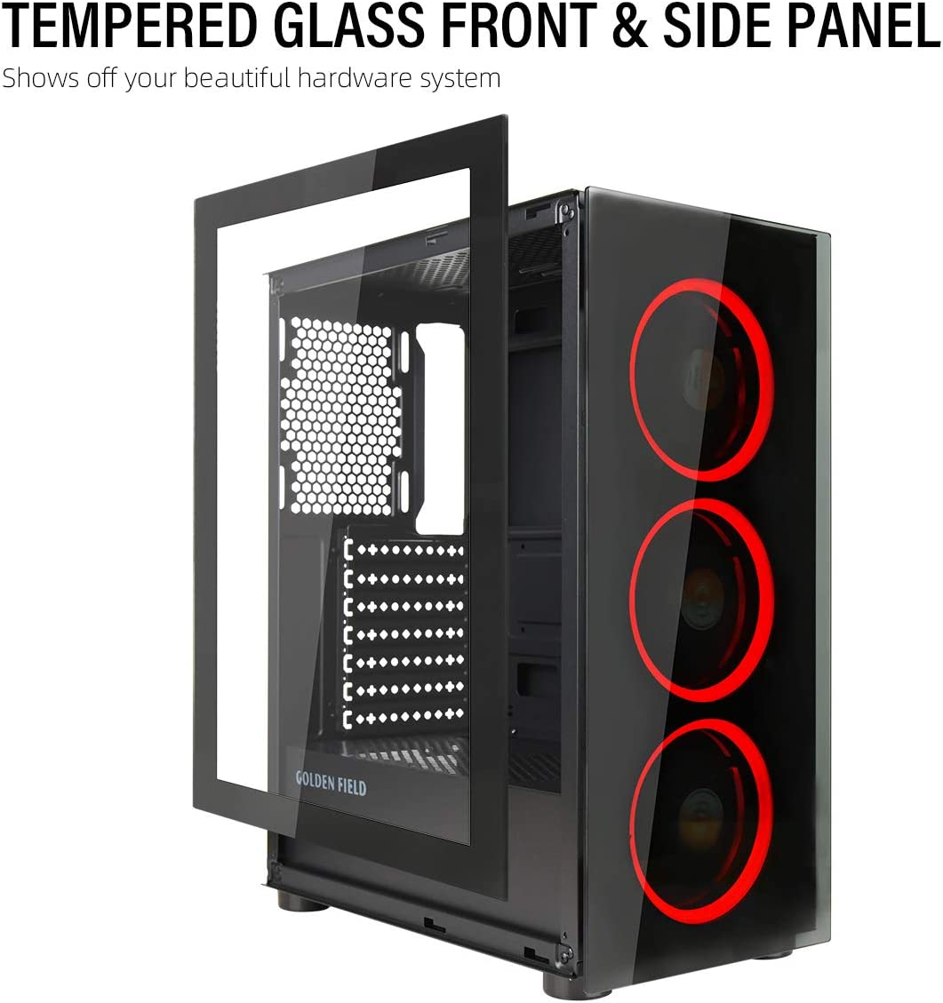GOLDEN FIELD N18 Computer PC Gaming Case, Mid Tower ATX Case, 3 Red Fans Pre-Installed, Double Tempered Glass Panel, Support ATX/MATX/ITX Motherboard - Geek Tech