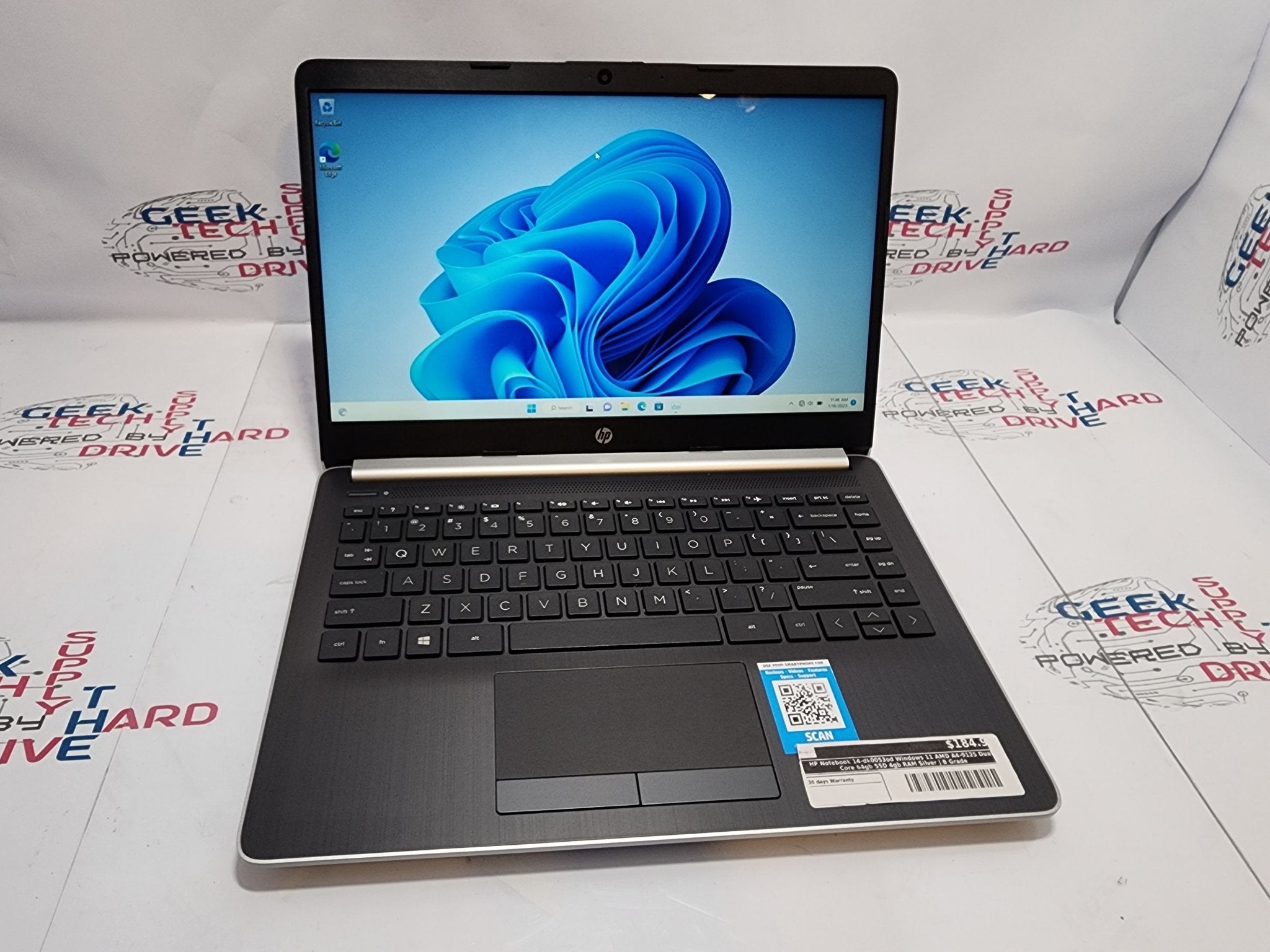 HP Notebook 14-dk0053od Windows 11 AMD A4-9125 Dual Core 64gb SSD 4gb RAM Silver | B Grade - Geek Tech