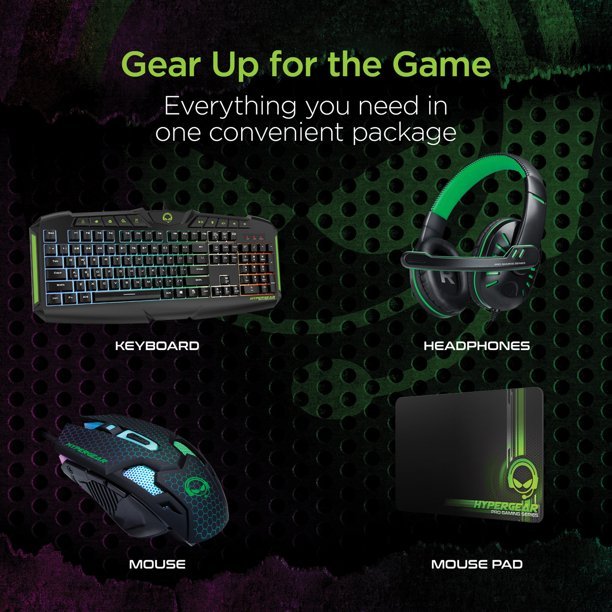 HyperGear 4in1 Gaming Kit (Emerald Crocodile) Keyboard - Mouse - Headphones - Mousepad - Geek Tech