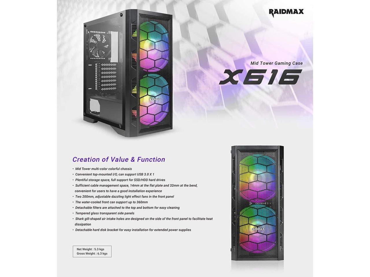 Raidmax X6 Series Tempered Glass RGB Fan ATX Computer Gaming Case (Black RGB 2 Fans) - Geek Tech