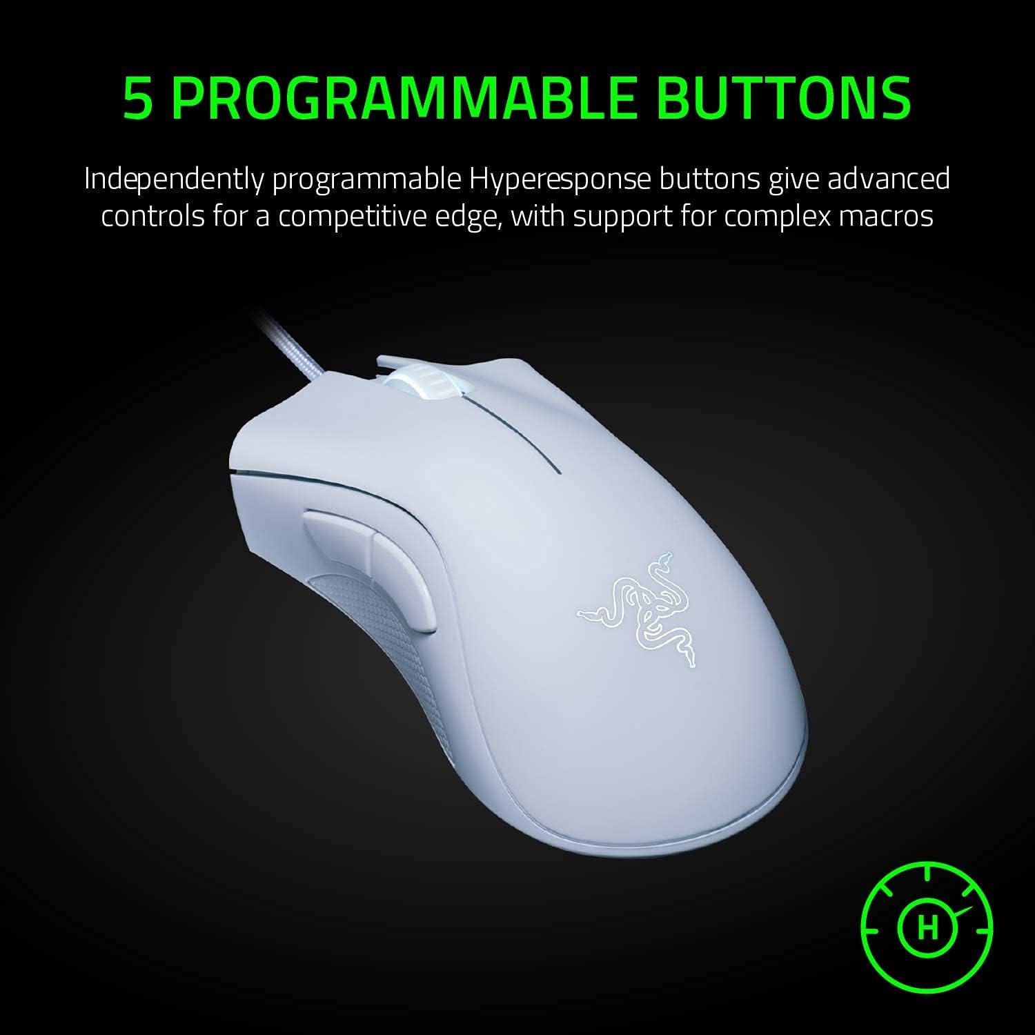 Razer DeathAdder Essential Gaming Mouse: 6400 DPI Optical Sensor - 5 Programmable Buttons - Mechanical Switches - Rubber Side Grips - Mercury White - Geek Tech