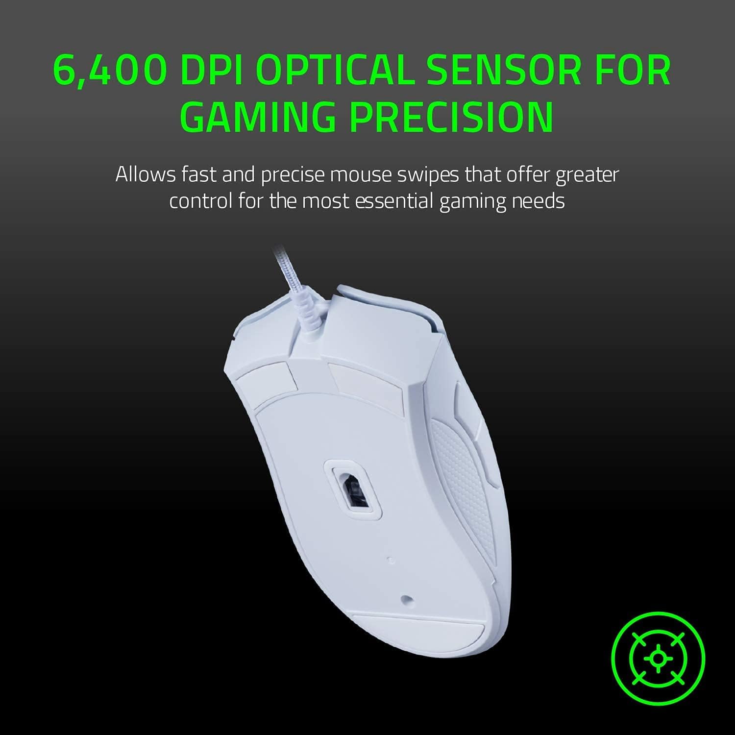 Razer DeathAdder Essential Gaming Mouse: 6400 DPI Optical Sensor - 5 Programmable Buttons - Mechanical Switches - Rubber Side Grips - Mercury White - Geek Tech