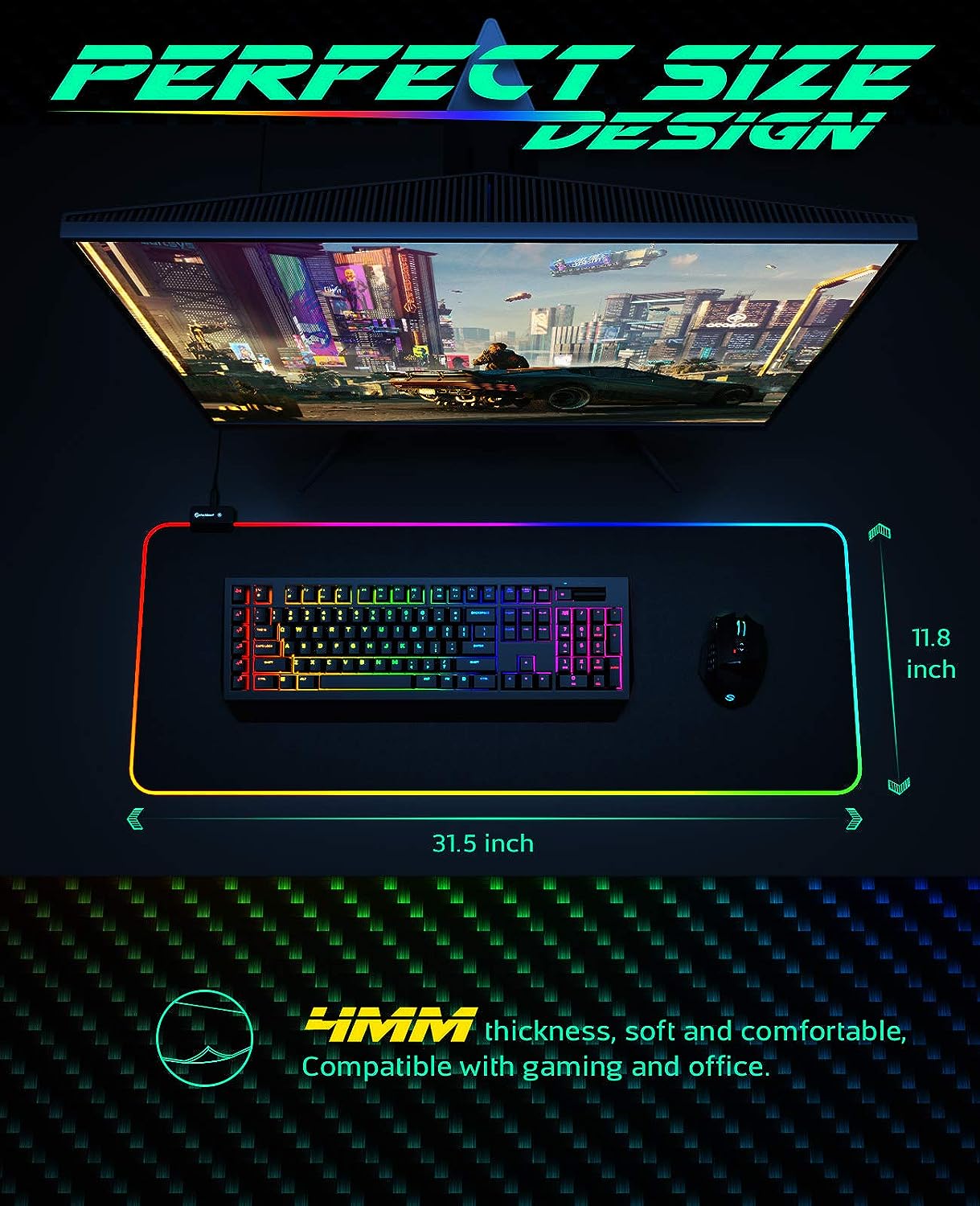 uTechSmart Gaming Mouse Pad RGB Full Length Large Black - Geek Tech